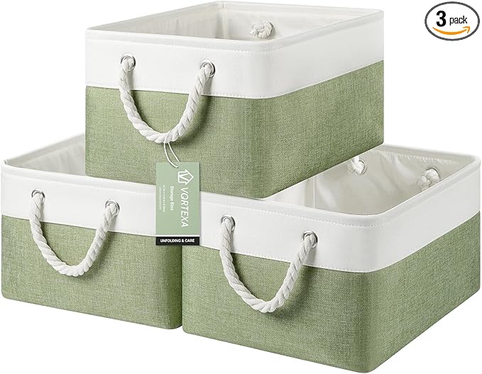 Storage Baskets, Fabric Storage Bins, Versatile Storage Baskets for Shelves with Handles, Large Closet Organizers for Shelves, Clothing, Toys, Books (3-Pack 15.7x11.8x8.2 inch, White&Green)