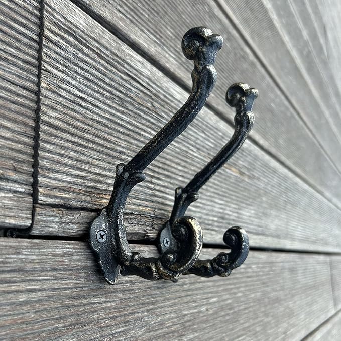 4 Pack Cast Iron Wall Hooks Antique Vintage Rustic Farmhouse Coat Hooks, Great for Coats, Bags, Towels, Hats, Mounting Screws Included