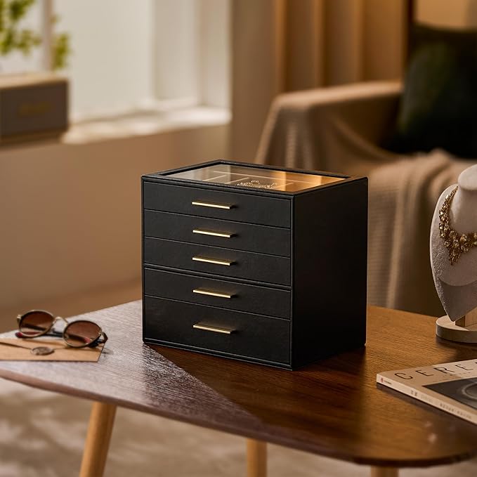 pickpiff Jewelry Box Organizer Case for Women: 5-Layer Jewelry Storage Case with Glass Window, Black Leather with Blush Velvet, Holder for Ring Necklace Bracelet Brooch Watch, Great Gift for Her