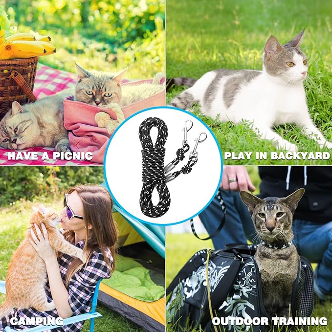 Reflective Cat Leash - 30 Feet Yard Long Leash, Escape Proof Durable Walking Leads, Safe Extender Pet Tie Out Leash Outdoor Training Playing Camping for Kittens/Puppies/Rabbits/Small Animals