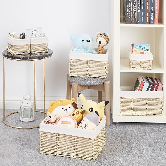 Vagusicc Wicker Storage Baskets, 6 Pack Baskets for Organizing, Wicker Basket with Handle, Rectangular Basket for Storage Shelves, Cube Storage Bins for Closet/Clothes/Dresser, Beige