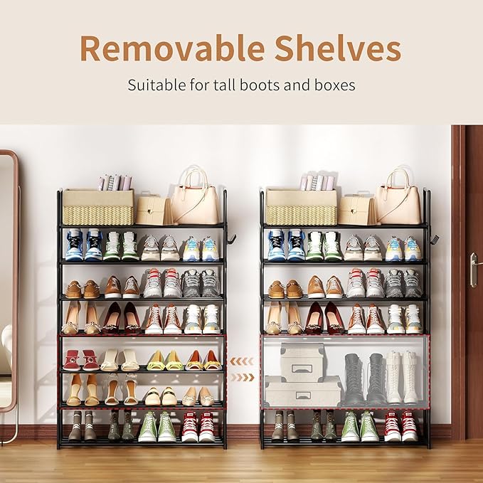 Metal Shoe Organizer,7 Tiers Shoe Storage Shoe Rack with Hooks,Fit 24-30 Pairs,Adjustable Shoe Shelf for Entryway,Hallway,Bedroom,Metal Bottom Support