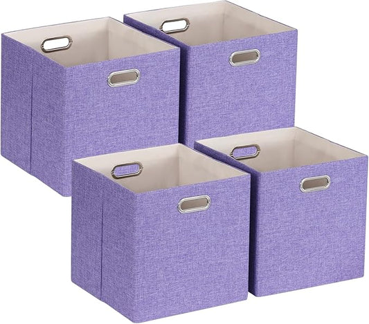 Foldable Cube Storage Bin Organizing Baskets Cubby Boxes Fabric Storage Cubes Organizer Bins with Handles for Organization Shelf Closet, 11"x11"x11", Pack of 4, Purple