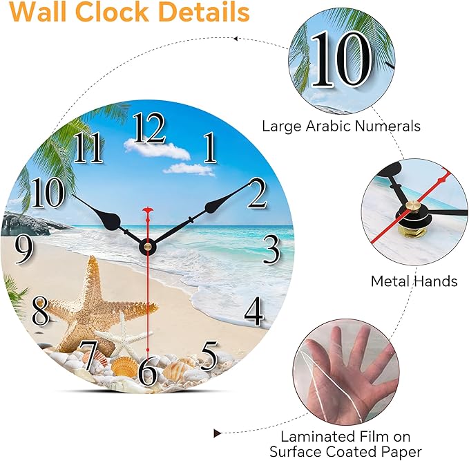 8 Inch Wall Clock Coastal Seashell Starfish Beach Decorative Clocks, Silent Non Ticking Battery Operated Palm Tree Wall Clock for Bedroom/Living Room/Kitchen