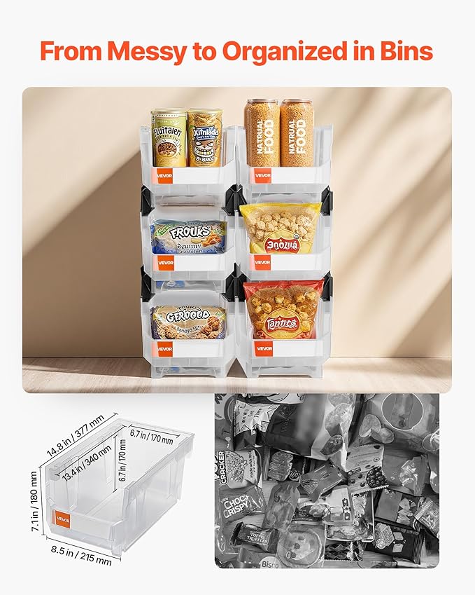VEVOR Plastic Stackable Storage Bins, 14.8 x 8.5 x 7.1 inch (6 Pack), Plastic Containers for Organizing & Storage Bins for Closet, Garage, Small Parts, Office Supplies, Other Accessories, Transparent