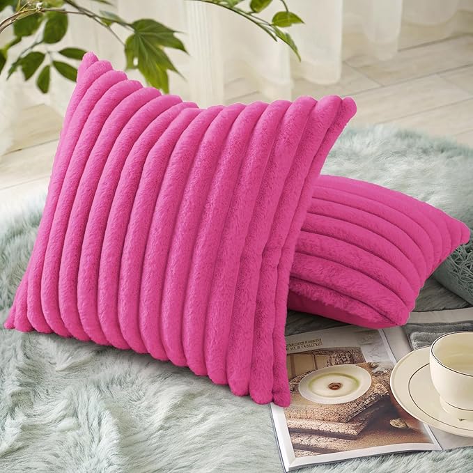 decorUhome Faux Fur Spring Throw Pillow Covers 24x24 Set of 2, Decorative Soft Plush Striped Neutral Couch Euro Sham Pillow Covers with Velvet Back for Sofa, Bed, Living Room Home, Hot Pink