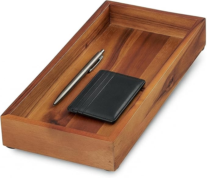 Demigo Acacia Wood Valet Tray & Catchall - 12.2x6 Inch Organizer for Nightstand, Entryway, Dresser - Holds Keys, Wallet, Phone, Jewelry (Brown)