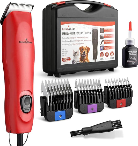 Professional Dog Clippers for Grooming | High-Performance 2-Speed Corded Shears for Thick, Curly Coats & Matted Hair | Low-Noise Pet Grooming Kit with Heavy Duty Hair Trimmer, Red