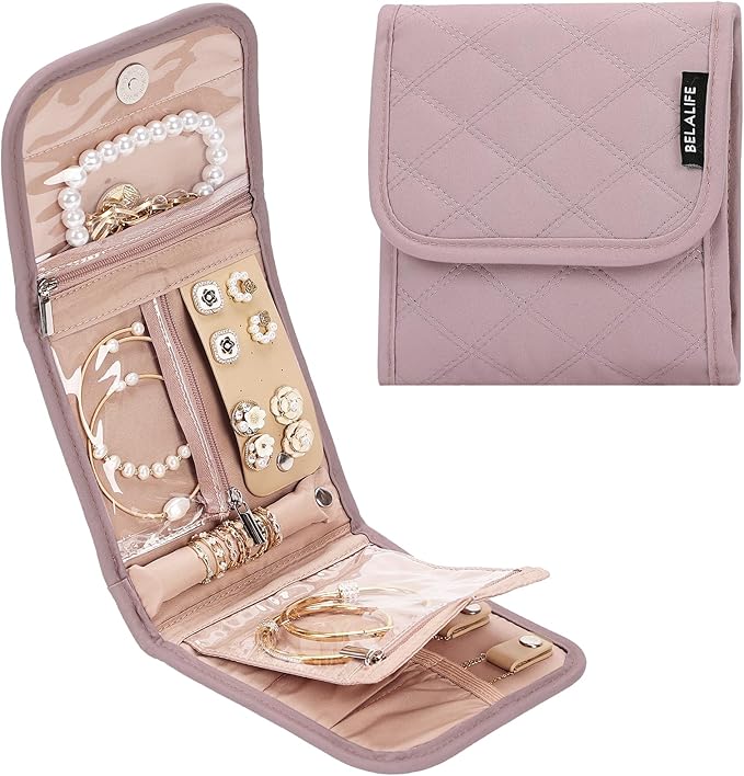 BELALIFE Travel Jewelry Case Organizer, Small Foldable Storage Roll for Earrings, Necklaces, Rings, Bracelets, Brooches, Peach-Pink
