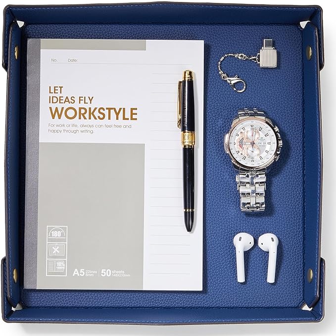 Oversized Leather Catchall Tray for Men, Gentleman's Valet Tray Organizer for Wallet, Keys, Accessories - Microfiber Lychee Blue