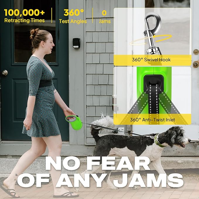 Fida Retractable Dog Leash, 16ft Heavy Duty Pet Walking Leash for Medium Dog or Cat up to 44 lbs, Tangle Free. One-Hand Brake (Medium, Green)