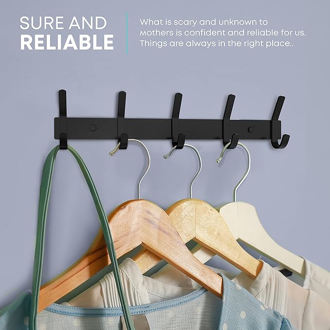 Matte Black Coat Rack Wall Mount – 15 Inch Stainless Steel Hook Rail with 5 Double Coat Hooks – Wall Mounted Entryway Organizer for Coats, Hats, Bags, Towels, Robes, Closet or Bathroom