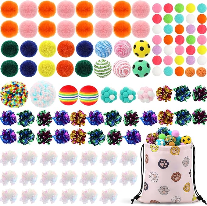Leitee 100 Pcs Cat Toy Balls Bulk with 1 Cat Paw Gift Storage Bags Set - Variety Interactive Kitten Toys Bundle with Crinkle Ball, Balls, Bells for Kittens and Indoor Cats Chase Pounce Rattle Play