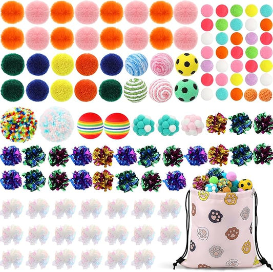 Leitee 100 Pcs Cat Toy Balls Bulk with 1 Cat Paw Gift Storage Bags Set - Variety Interactive Kitten Toys Bundle with Crinkle Ball, Balls, Bells for Kittens and Indoor Cats Chase Pounce Rattle Play