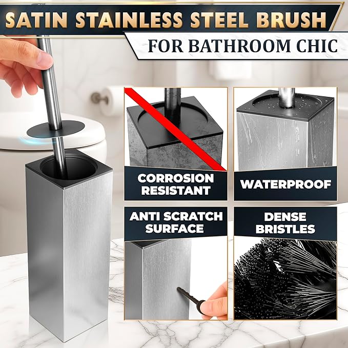 Silver Toilet Brush and Holder Set Stainless Steel – Square Design Toilet Bowl Brush and Holder, Rust, Corrosion & Scratch Resistant with Splash Protection, for Efficient Cleaning and Neat Storage