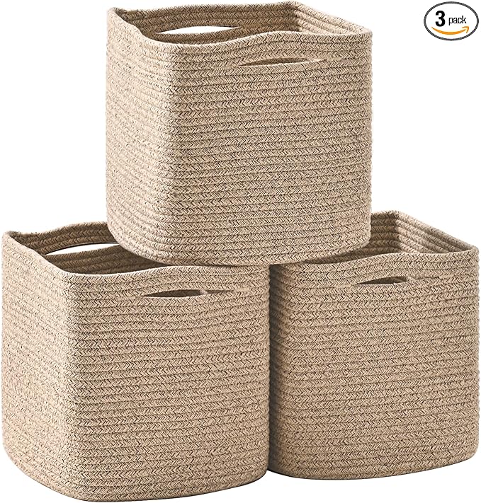 13 Inch Cube Closet Storage Bins, Woven Cotton Rope Organizer Baskets for Organizing & Shelves, Books, Towels, Clothes, Toys, 13x13x13 in, Brown (Pack of 3)