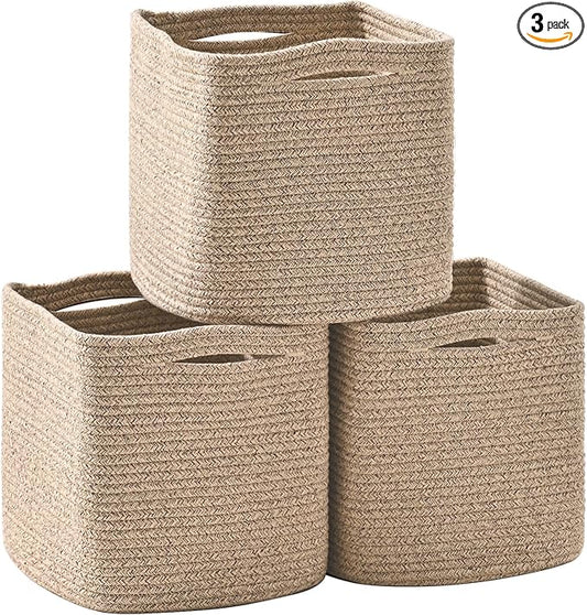 13 Inch Cube Closet Storage Bins, Woven Cotton Rope Organizer Baskets for Organizing & Shelves, Books, Towels, Clothes, Toys, 13x13x13 in, Brown (Pack of 3)