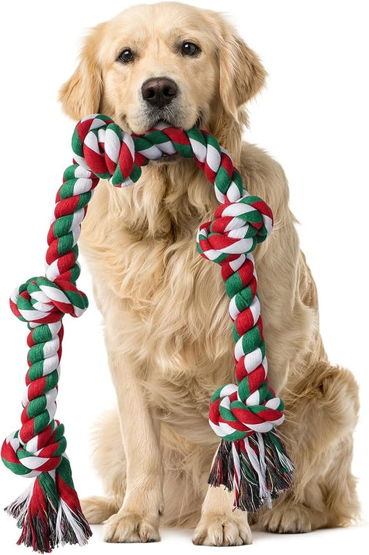 Aitmexcn Christmas Dog Rope Toys for Aggressive Chewers Large Breed, Indestructible Dog Chew Rope Toys, 5 Knots Tough Tug Toy for Teeth Cleaning, Tug of War