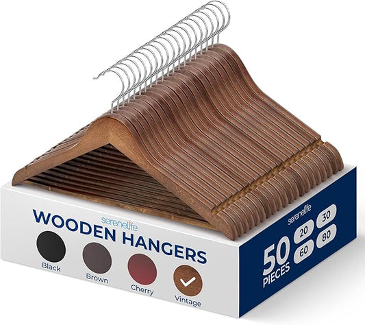 SereneLife Premium Wooden Hangers 50 Pack - Heavy Duty & Durable Coat Hanger - Wood Hanger with 360-Degree Swivel Hook - Clothes Hangers with Non-Slip Shoulder Notches for Shirts & Coats (Vintage)