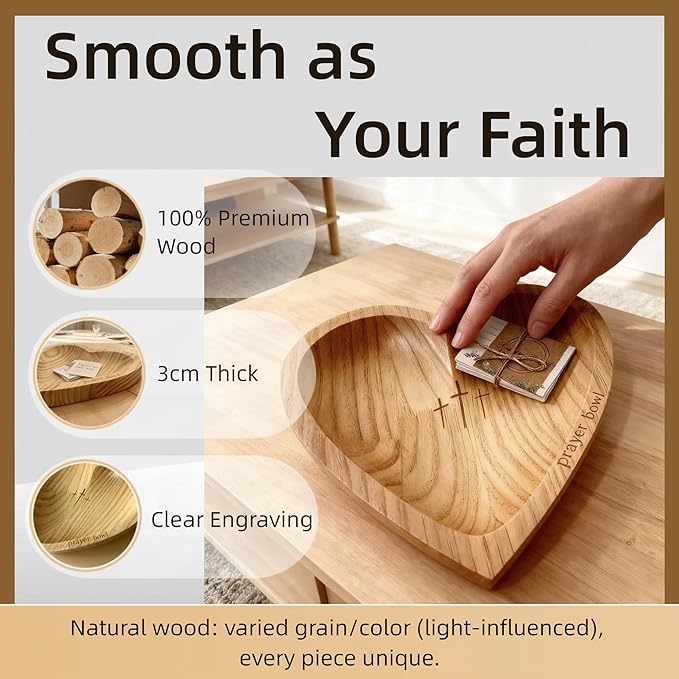 Heart Prayer Bowl with 24 Cards - Christian Heart Shaped Wooden Dough Bowl for Baptism, Handcrafted Religious Gift for Thanksgiving/Christmas/Wedding/Easter, Home Decor Accessory