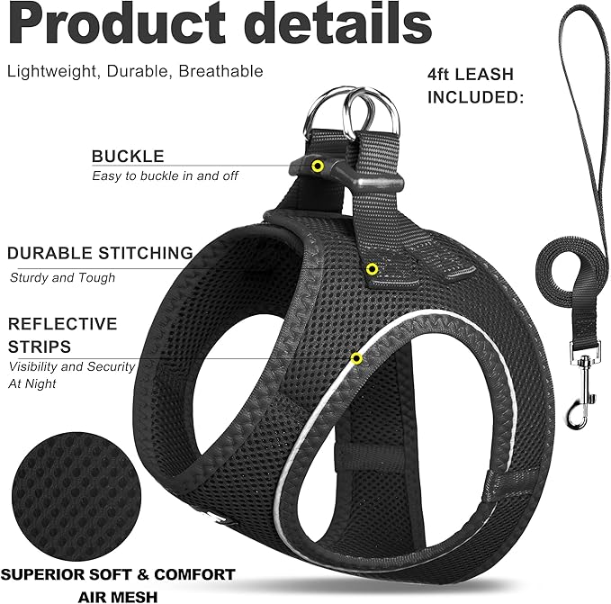 Fida Comfy Dog Harness with Leash, Soft Puppy Vest Escape Proof, Breathable Lightweight Soft Mesh, Adjustable Reflective Step-in Harness for Cat & Extra-Small Pet (XS, Black)
