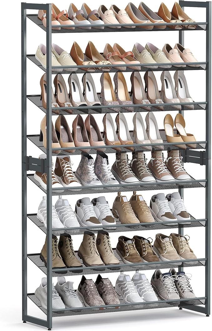 SONGMICS Shoe Rack, 8-Tier Shoe Organizer, Metal Rack for Garage, Set of 2, 4-Tier Stackable Shelf, with Adjustable Flat or Angled Shelves, 32-40 Pairs, Charcoal Gray ULMR08GB