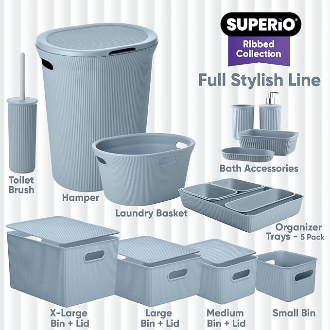Superio Ribbed Collection - Decorative Plastic Laundry Basket & Laundry Hamper with Lid and Cut-Out Handles, Blue (Set of 2) Organzier for Bedroom Bathroom College Dorm Room