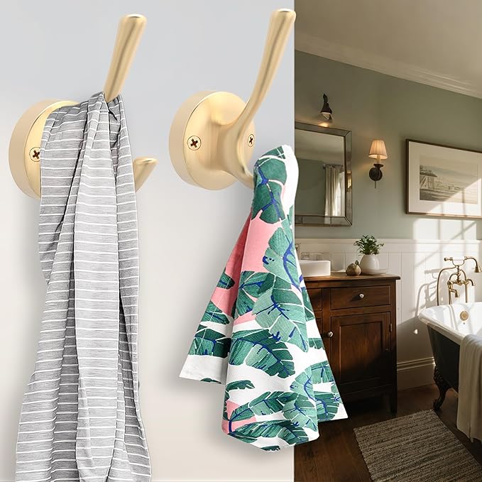 Gold Wall Hooks, 5 Pack Coat Robe Hook Heavy Duty Metal Double Bath Hook Wall Mounted, Hand Towel Hooks for Cubicle Bathroom Kitchen Closet Garage