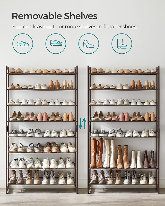 SONGMICS Shoe Rack, 8-Tier Shoe Organizer, Metal Rack for Garage, Set of 2, 4-Tier Stackable Shelf, with Adjustable Flat or Angled Shelves, 32-40 Pairs, Bronze ULMR08A