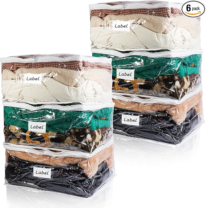 Clear Zippered Storage Bags Plastic Sweater Storage Bags with Zipper 6 Packs Clothing Organizer for Blankets Linen Sweater Bed Sheet Quilt Clothes Pillow (18 x 15 x 9 Inch)