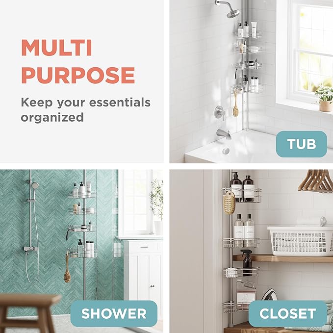 Zenna Home Tension Pole Shower Caddy Corner Organizer, Adjustable Standing Shower Caddy with 4 L-shaped Baskets and Hooks, Rust Resistant Bathroom Tension Rod Organizer, 60 to 97 Inch, Satin Nickel