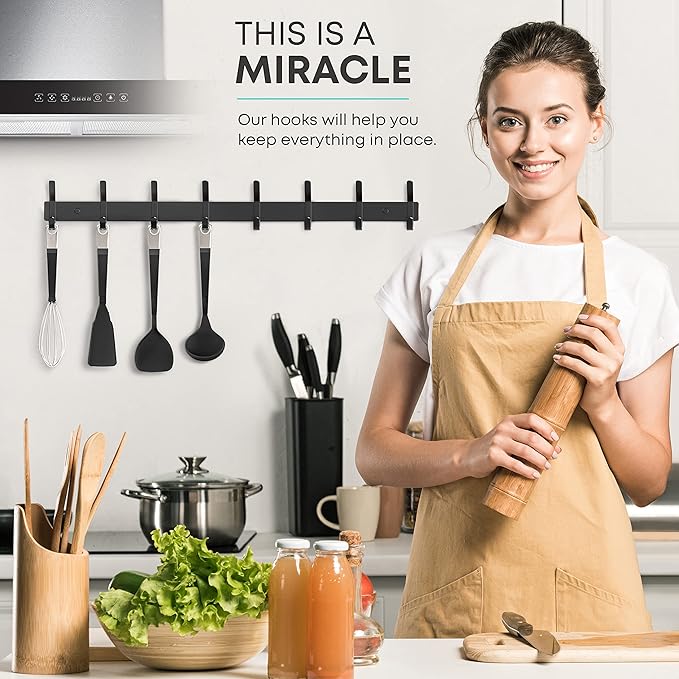 Matte Black Coat Rack Wall Mount – 24 Inch Stainless Steel Hook Rail with 8 Double Coat Hooks – Wall Mounted Entryway Organizer for Coats, Hats, Bags, Towels, Robes, Closet or Bathroom - 2 Pack