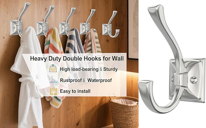 2 Pack Brushed Nickel Towel Robe Hooks, Coat Hooks for Wall Hanging Hat, Key, Bag, Mudroom Hook Entrance Bathroom Door Decorative Heavy Duty Hats Hanger
