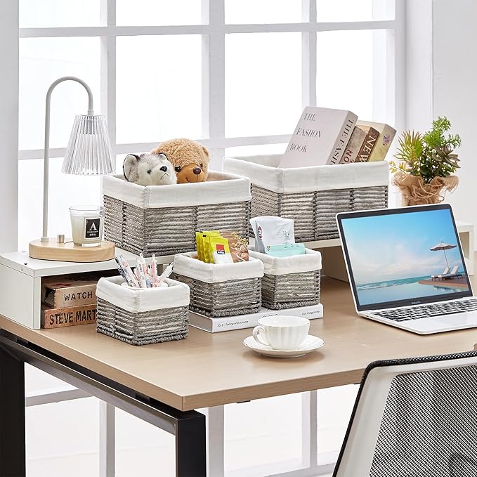 Vagusicc Wicker Storage Basket, Hand-Woven Paper Rope Wicker Baskets, Rectangular Small Wicke Baskets for Organizing, Cube Storage Bins for Closet/Clothes/Dresser, Grey, 5-Pack