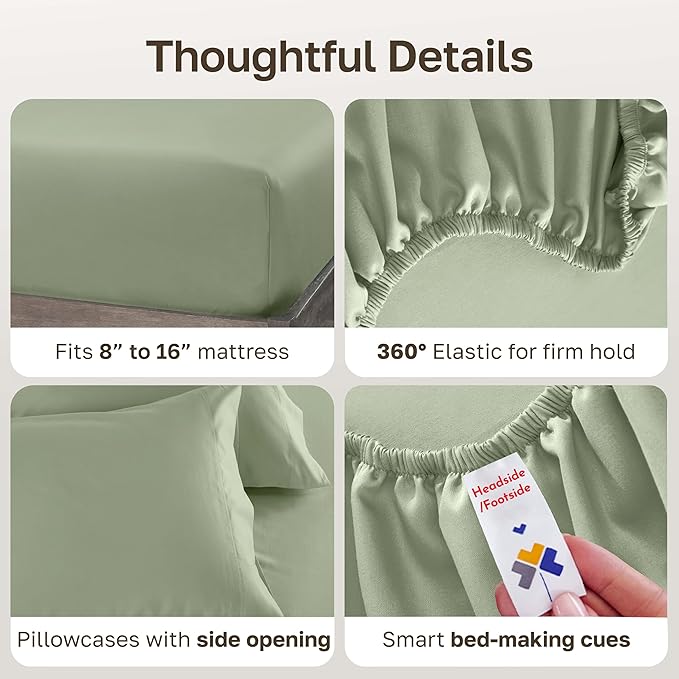 California Design Den Natural 100% Cotton Bed Sheets King Size Set - Luxury 600 Thread Count Sateen, Hotel Quality King Size Sheet Set, Fully Elasticized Deep Pockets, Cool and Durable - Laurel Green