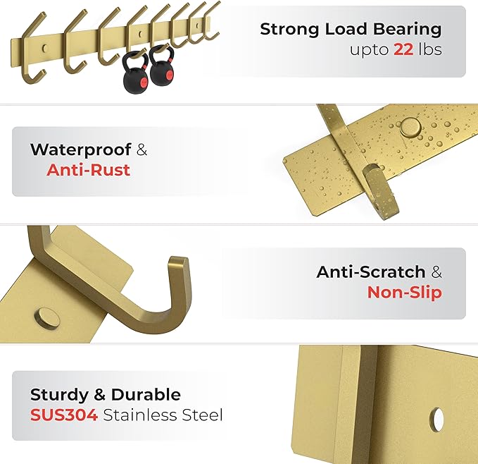 Brushed Gold Wall Mounted Coat Rack – 24 Inch Stainless Steel Rail with 8 Double Coat Hooks for Entryway, Bathroom, Bedroom, Kitchen – Modern Gold Hook Rack for Coats, Hats, Towels