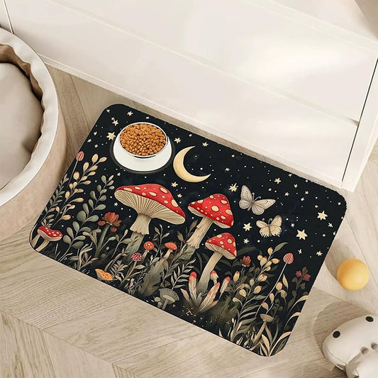 Red Mushrooms Pet Feeding Mat,Wildflower Plant Butterfly Absorbent Quick-Dry Cat Dog Food and Water Bowl Mats,Non-Slip Rubber Backing Mat,Cat Dog Accessories Supplies 16"x24"