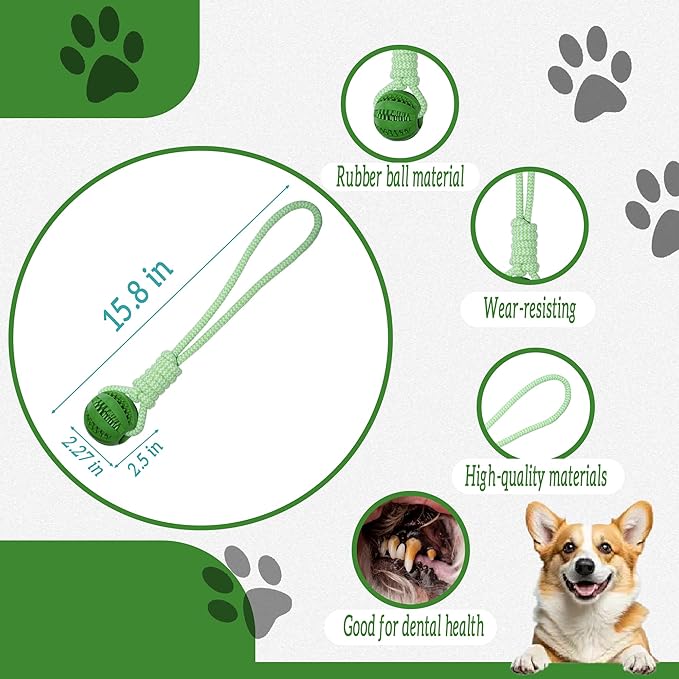 Dog Rope Toy for Small and Medium Dogs, Interactive Rope Toy for Dogs, Tug of War, Teeth Cleaning, Training, Fetch Outdoor Puppy Chew Toys with Rubber Ball (Green)