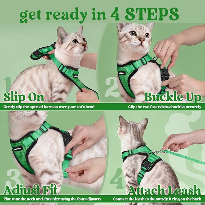 rabbitgoo Cat Harness and Leash for Walking, Escape Proof Soft Adjustable Vest Harnesses for Cats, Easy Control Breathable Reflective Strips Jacket, Grass Green,S