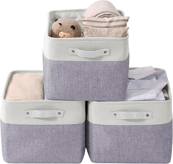 DECOMOMO Storage Bins Fabric Storage Baskets for Shelves, Linen Closet Organization Toys Nursery (Purple and White, Large - 3 Pack)