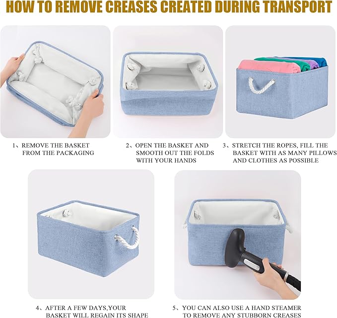 Storage Bins with Sturdy Cotton Handles(1 Pack), Fabric Storage Baskets for Organizing use for Office & Home, Book, Clothes, Toys, Closet Boxes (Small, Blue, 12.2x8.3x6.3 inches)