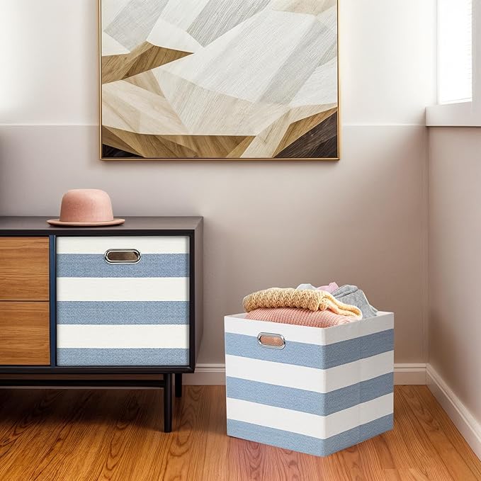 11x11 Cube Storage Bins, Collapsible Fabric Storage Cubes, Cubby Storage Organizer Bins Striped Container Baskets for Organizing Home Office Wardrobe Closet Shelf, Pack of 4, Blue/White