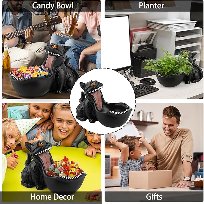 Cat Candy Bowl Gothic Decor Black Cat Statue Decorative Bowl Large Candy Dish for Office Desk Cute Key Bowl for Entryway Table Big Mouth Cat Gifts