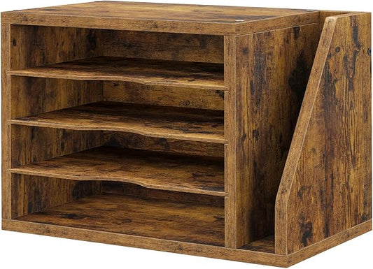 File Organizer Desktop, Wood Desk Organizer with 3 Adjustable Shelves, Mail Paper Sorter for Office, Home, File Holders for Envelopes, Mail Supplies or Magazines, Rustic Brown