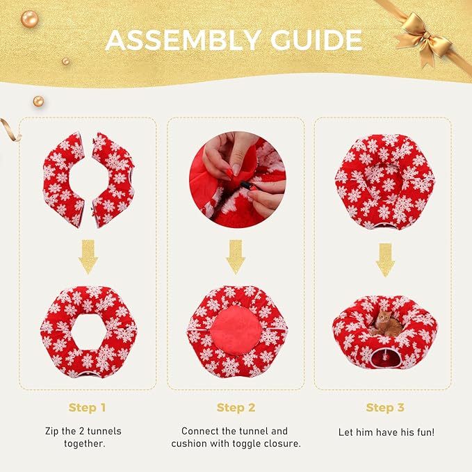 PEQULTI Cat Christmas Tunnel with Bed for Indoor Cats, Cat Donut Tunnel Under The Tree with Washable Soft Plush Mat, Round Tube Toys Cute Tube for Kittens, Puppies, Rabbits and Ferrets, Red