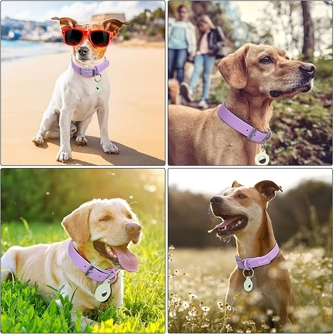 Wisedog Waterproof Dog Collar, Adjustable Soft Rubber Coated Webbing, Odor-Proof and Easy to Clean for Small Medium Large Dogs, with Airtags Case(L|15"-19" × 1 in, Lilac)