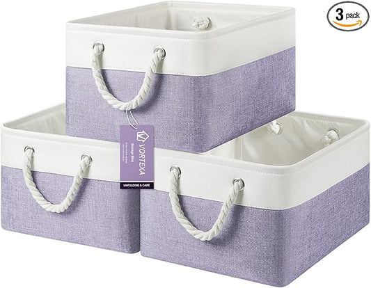 Storage Baskets, Fabric Storage Bins, Versatile Storage Baskets for Shelves with Handles, Large Closet Organizers for Shelves, Clothing, Toys, Books (3-Pack 15.7x11.8x8.2 inch, White&Purple)