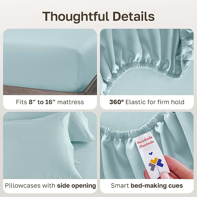 California Design Den Luxury King Size Sheet Set - 100% Cotton, 600 Thread Count Deep Pocket King Sheets, Hotel-Quality Bedding with Sateen Weave - Seafoam