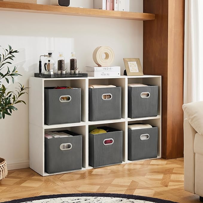MAX Houser Fabric Storage Bins Cubes Baskets Containers with Dual Plastic Handles for Home Closet Bedroom Drawers Organizers (Cattail Gray)