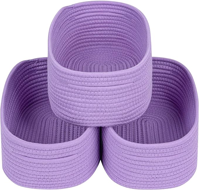 CubesLand Small Storage Baskets for Shelves, Closet Organization Storage Bins Empty Gift Basket 3 Packs Baby Nursery Woven Baskets for Organizing, Rectangular Clothes Closet Shelves Baskets Purple